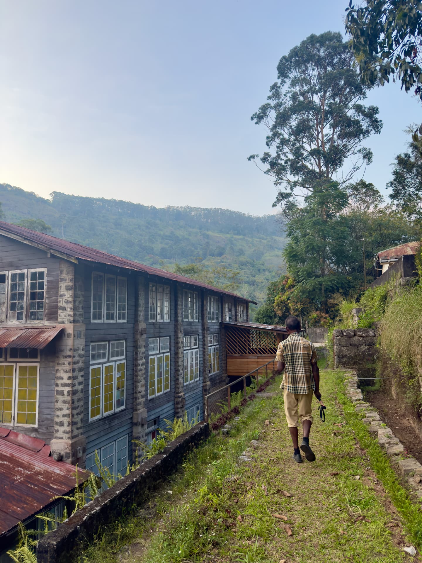 Old wooden building at AMBA Estate with a man walking along a grassy path beside it